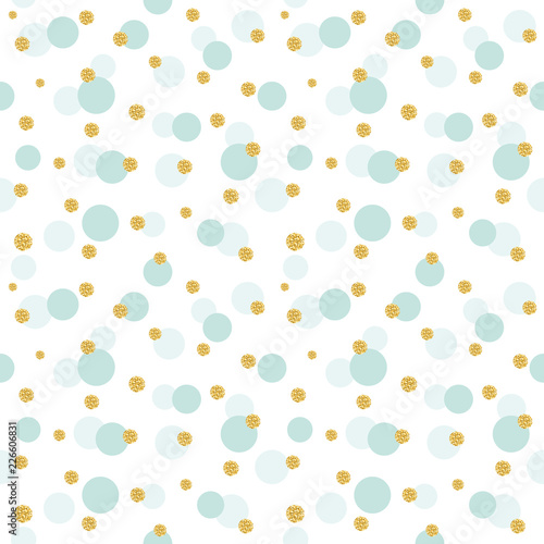 Glitter confetti polka dot pattern background. Golden and pastel blue