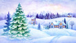 © wacomka - winter countryside view, Christmas fir trees, fairy tale village, snowy forest, rural landscape panorama, vintage greeting card, watercolor illustration