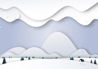 Winter season landscape with snow,house,pine tree and mountains for merry christmas and happy new year background paper art style.Vector illustration.