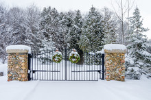 Country Gate With Christmas Wreaths