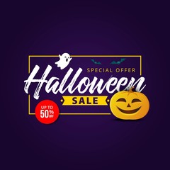 Wall Mural - Halloween Sale Banner with holiday symbols pumpkin and ghost. Great for banner, voucher, coupon. vector illustration