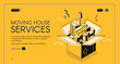 © vectorpouch - Moving house services vector web banner with home furniture in cardboard box isometric line art illustration on yellow background. Small transport company or door-to-door removals startup landing page