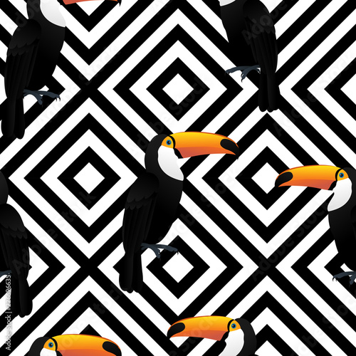 toucan-bird-pattern-seamless-on-black-and-white-geometric-background-for-fabric-prints-pillowcase-packaging-wrapping-website-background-wallpaper-and-textile-fabric-print-vector-illustration