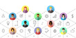 © lvnl - Team work concept with diverse business people interacting. Thin linear icons, dotted lines, flat design on white background.
