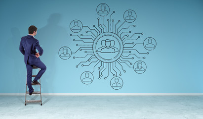 Poster - Businessman watching thin line social network icons interface