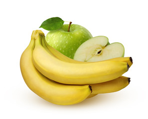 Wall Mural - Green apples and bunch of bananas on white background.