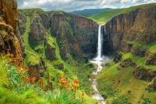 Maletsunyane Falls In Lesotho Africa. Most Beautiful Waterfall In The World. Green Scenic Landscape Of Amazing Water Fall Dropping Into A River Inside Canyons. Panoramic Views Over The Great Falls.