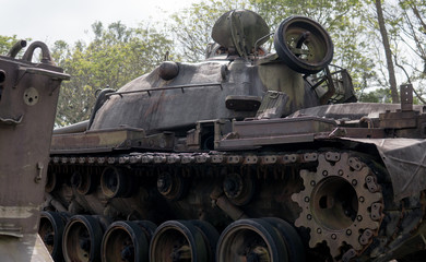 old military equipment destroyed in battles and wars. Tanks as a murder weapon.