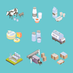 Canvas Print - Milk Factory Signs 3d Icon Set Isometric View. Vector