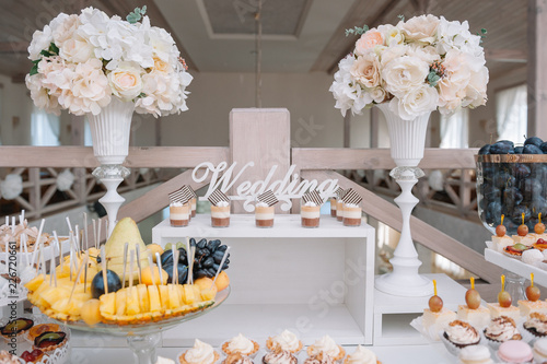 Buffet Table Assorted Mini Delicacies And Snacks Restaurant Food