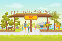 Cartoon Zoo Entrance Panorama Background Card. Vector