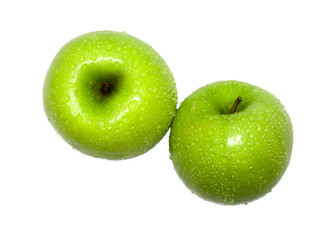 green apple with dew isolated on white background. food, healthy