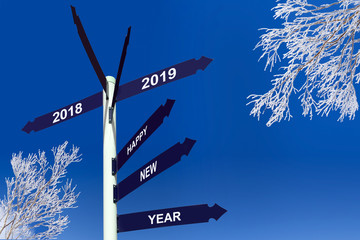 Wall Mural - Happy new year 2019 on direction signs, snowy trees