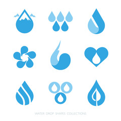 Blue water drop shapes collection. Vector icon set at 1 and 2 colors.