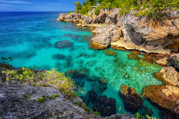 Wall Mural - Beautiful clear turquoise water near rocks and cliffs in Negril Jamaica. Caribbean paradise island and water at the seaside with a blue sky and nice day light