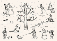 Vector Illustration. Winter Pen Style Set. Children Outdoors. Winter Tree With Bullfinches. Snowman. Skates, Sled, Ski. Vacation Time.