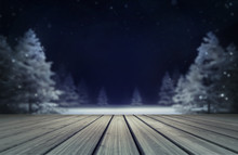 Snowy Forest With Wooden Deck At Evening, Winter Nature 3D Scene Editable Background Illustration