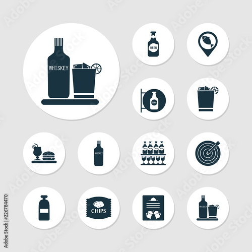 Fotografía Drink icons set with menu, darts, geolocation and other whiskey
elements