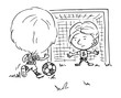 © emieldelange - Illustratie met zwarte lijnen van een jongen met een voetbal