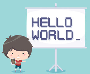 kid boy teach coding illustration