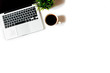 © moshbidon - Modern minimalistic work place. White office desk table with laptop, coffee cup, top view with copy space, flat lay