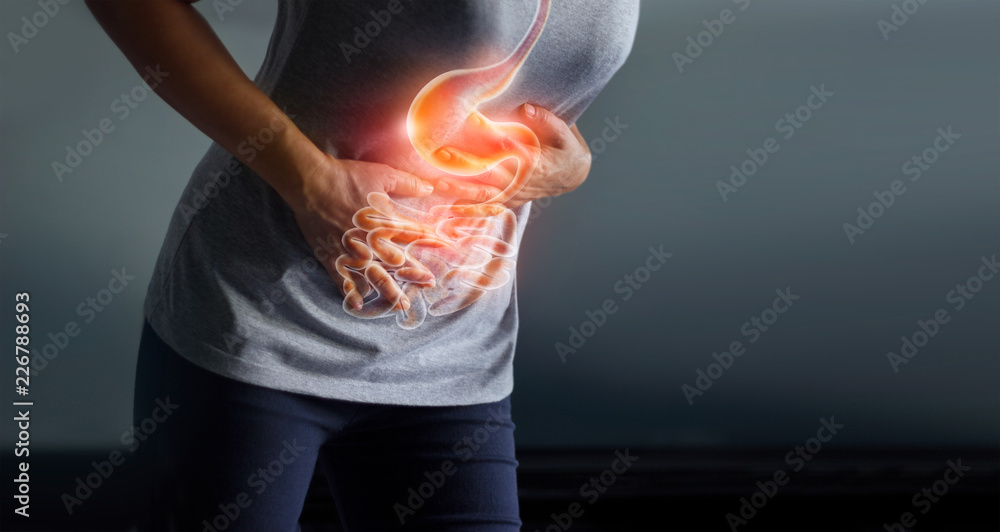 Woman touching stomach painful suffering from stomachache causes of menstruation period, gastric ulcer, appendicitis or gastrointestinal system desease. Healthcare and health insurance concept - obrazy, fototapety, plakaty 