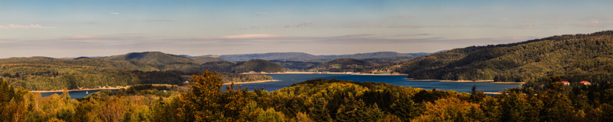 Beautiful panorama of Lake Solina at sunset. Bieszczady, Poland.