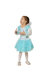 Wall Mural - Portrait of little girl in a blue dress on white background