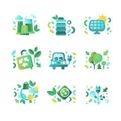 Sticker - Eco related symbols set, ecology cocept, environment protection, eco friendly technologies vector Illustration on a white background