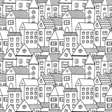 Hand Drawn Seamless Pattern With Doodle Houses, Vector Background With Cartoon Town