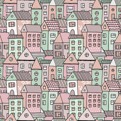 Hand drawn seamless pattern with doodle houses, vector background with cartoon town