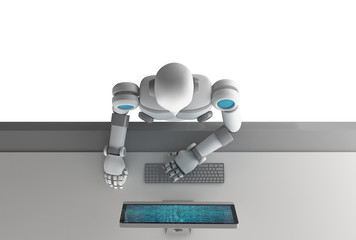 Wall Mural - Top view of robot using a computer with binary data number code screen isolated on white background. Artificial intelligence in digital data futuristic technology concept, 3d illustration