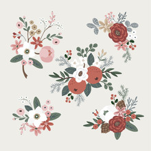 Set Of Hand Drawn Winter Bouquets Made Of Evergreen Branches, Leaves, Berries, Fruit And Flowers. Christmas Floral Composition. Isolated Vector Objects.