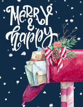 Watercolor Christmas Card With Lettering And Red Mailbox