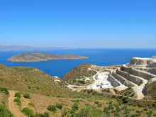 Landscape And Seascape Of Crete Island With A View Of Gypsum Quarry. Open Quarry Is Located At Altsi In Sitia Municipality And Operated Following Method Of Exposed Vertical Benches.
