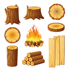 Set of logging, stumps and boards, woodpile. Logging icons isolated on white background. Vector illustration in flat style.