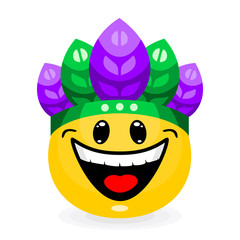 Wall Mural - cute emoticon in carnival hat with feathers. smiley in cartoon style isolated on white background