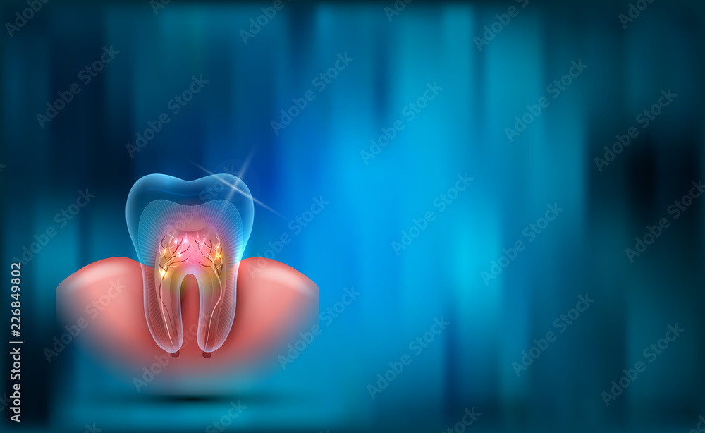 Dental background, transparent tooth cross section, roots and gum on a beautiful blue abstract background - obrazy, fototapety, plakaty 