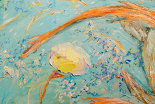 Painting Oil On Canvas As Abstract Colorful Background. Closeup Fragment Of The Painting Oil On Canvas - Two Yellow Turtles Swimming In Blue Water.