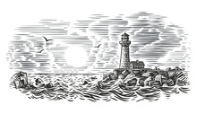 Engraving Style Illustration Of Beacon. Vector. 