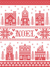 Vector Christmas Village Pattern Noel Inspired By Nordic Culture Festive Winter In Cross Stitch With Hearts, Reindeer, Decorative Ornaments, Snowflake, Church, Chapel, House In Cross Stitch
