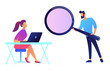 Female student with laptop at desk and professor with magnifier vector illustration