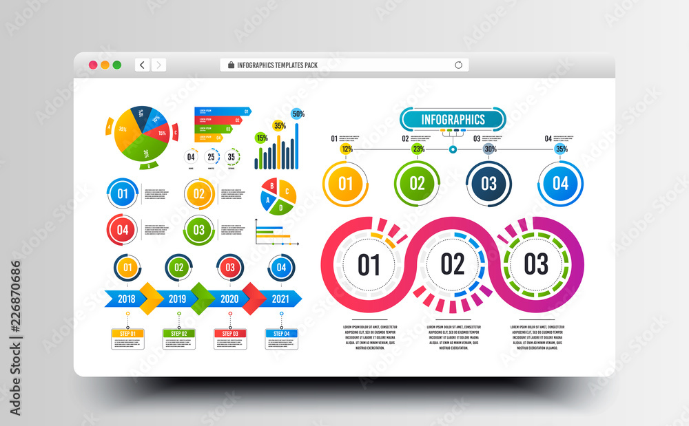 Window Info Graphics Infographics timeline templates. Business data graphs. Financial pie ...