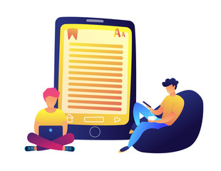 Sticker - Students reading e-book and huge tablet vector illustration