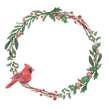 Watercolor Winter Wreath With Cardinal