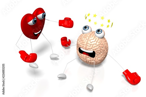 Fotografie, Obraz 3D heart and brain cartoon characters - boxing, fight
