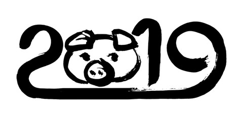 2019 Chinese Year of the Pig. Calendar poster numbers font with snout. Hand written black lettering and animal head  on white background. Happy New Year card or banner design.