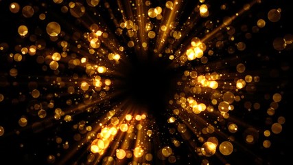 Wall Mural - Golden vortex abstract background with lights and gliter particle for holiday celebration. Glamour bokeh. Winner congratulation. Greeting screen texture. Seamless loop.