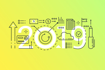 Poster - Finance 2019 word trendy composition concept banner. Outline stroke business, investment, finance and banking. Flat line icons lettering typography.