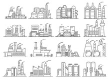 Factory Building Line Style Set. Indistrial Construction And Commercial Architecture Outline Stroke Set.